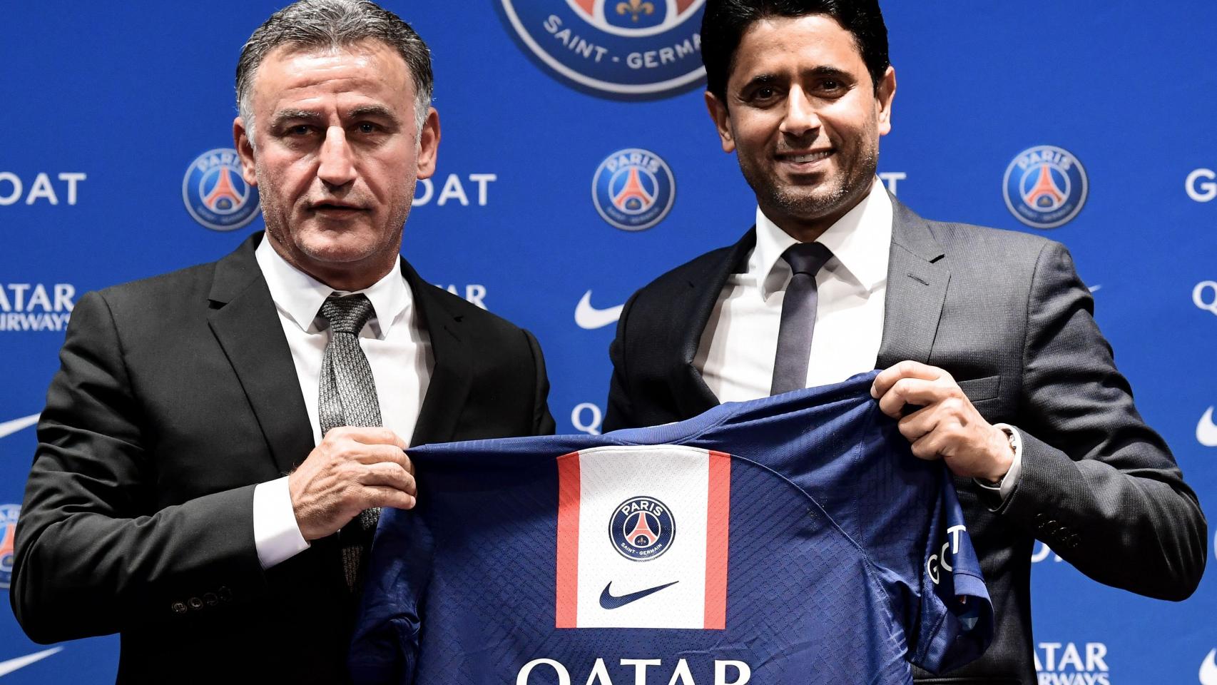 Christophe Galtier, junto a Nasser Al-Khelaifi en su presentación como nuevo entrenador del PSG