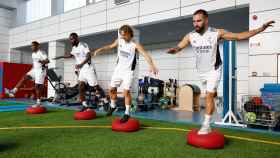 Alaba, Rüdiger, Modric y Carvajal, en el entrenamiento del Real Madrid