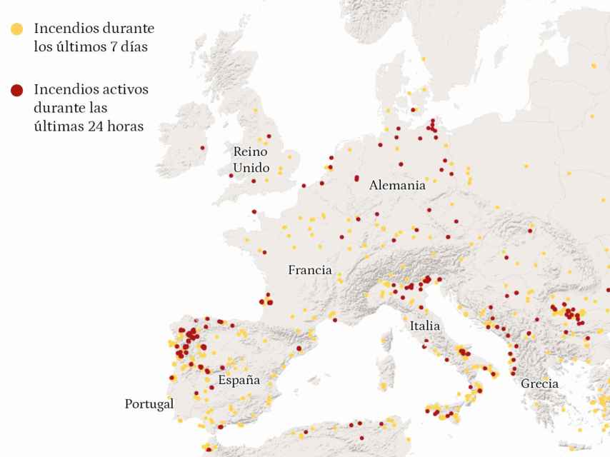 Mapa de los incendios activos en Europa por la ola de calor.