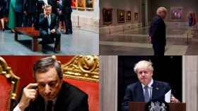 Mario Draghi y Boris Johnson durante su visita al Museo del Prado  y  durante su dimisión.