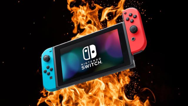 Fotomontaje con una Nintendo Switch y fuego.