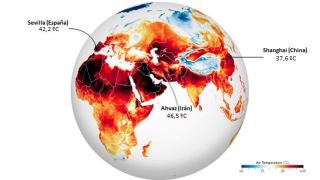Imagen satélite de la temperatura del aire en Europa, África y Asia en julio de 2022.