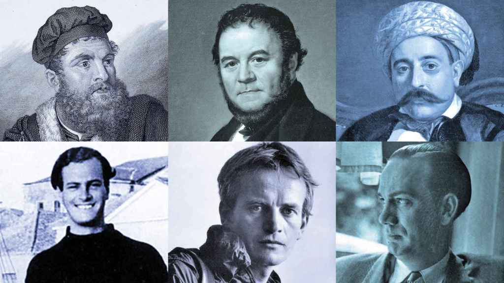 De izquierda a derecha y de arriba abajo, Marco Polo, Stendhal, Gustave Flaubert, Leigh Fermor, Bruce Chatwin y Camilo José Cela