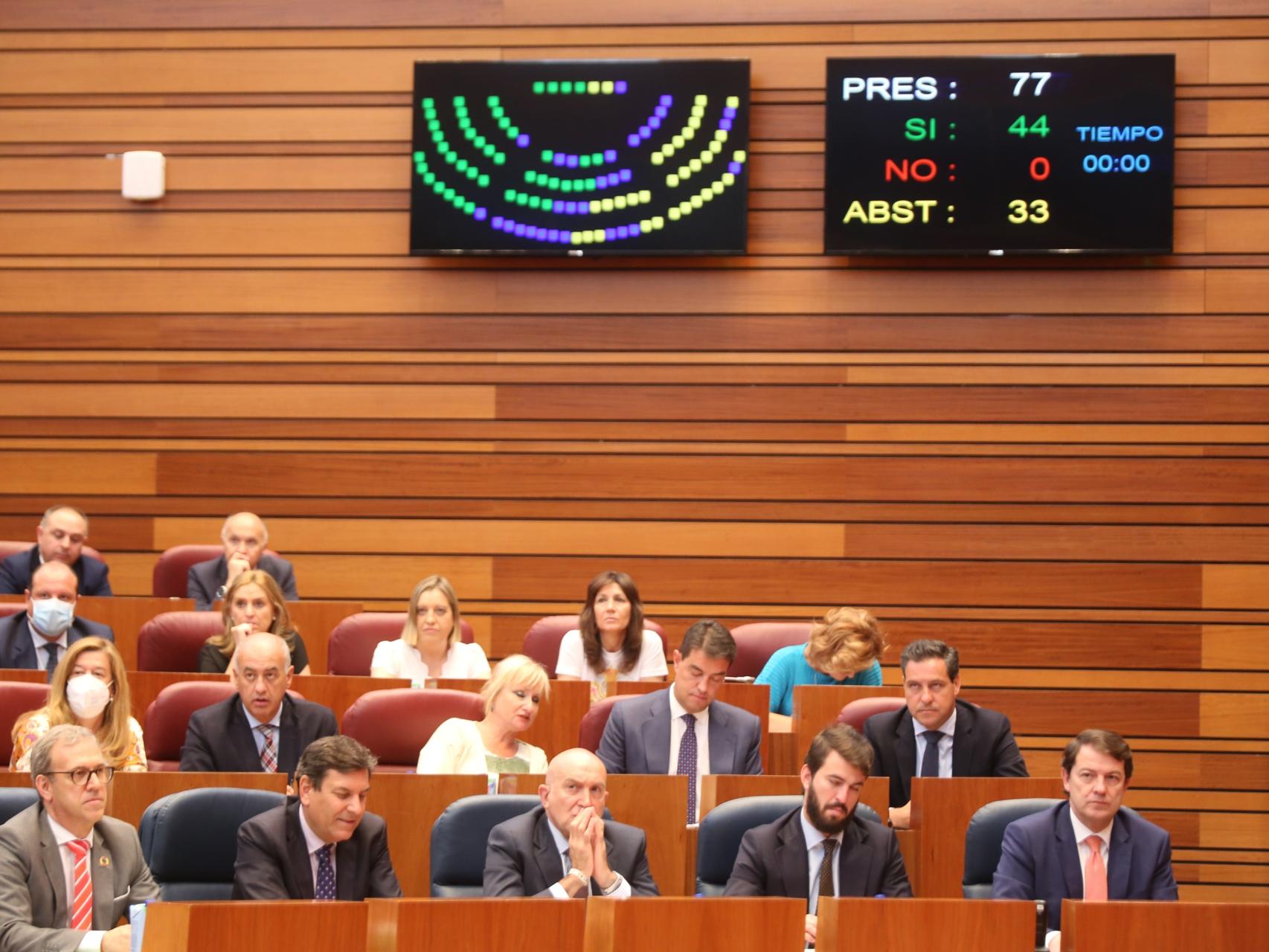 Parte del Gobierno de la Junta durante una votación en el pleno extraordinario de las Cortes del pasado 12 de julio.