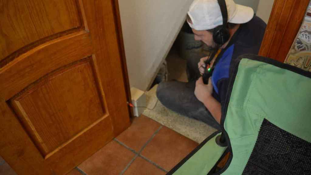 Un técnico trabaja en Checa (Guadalajara) para exterminar a las termitas.