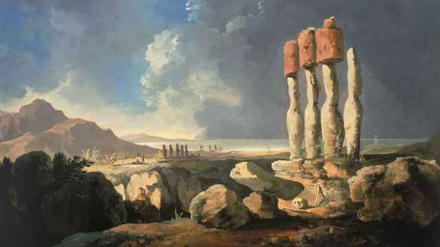 Cuadro del pintor inglés del siglo XVIII William Hodges en el que aparecen representados varios monumentos en ruinas de la isla de Pascua.