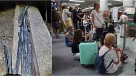 A la izquierda, los cables sustraidos. A la derecha, personas afectadas esperando en la estación de Atocha.