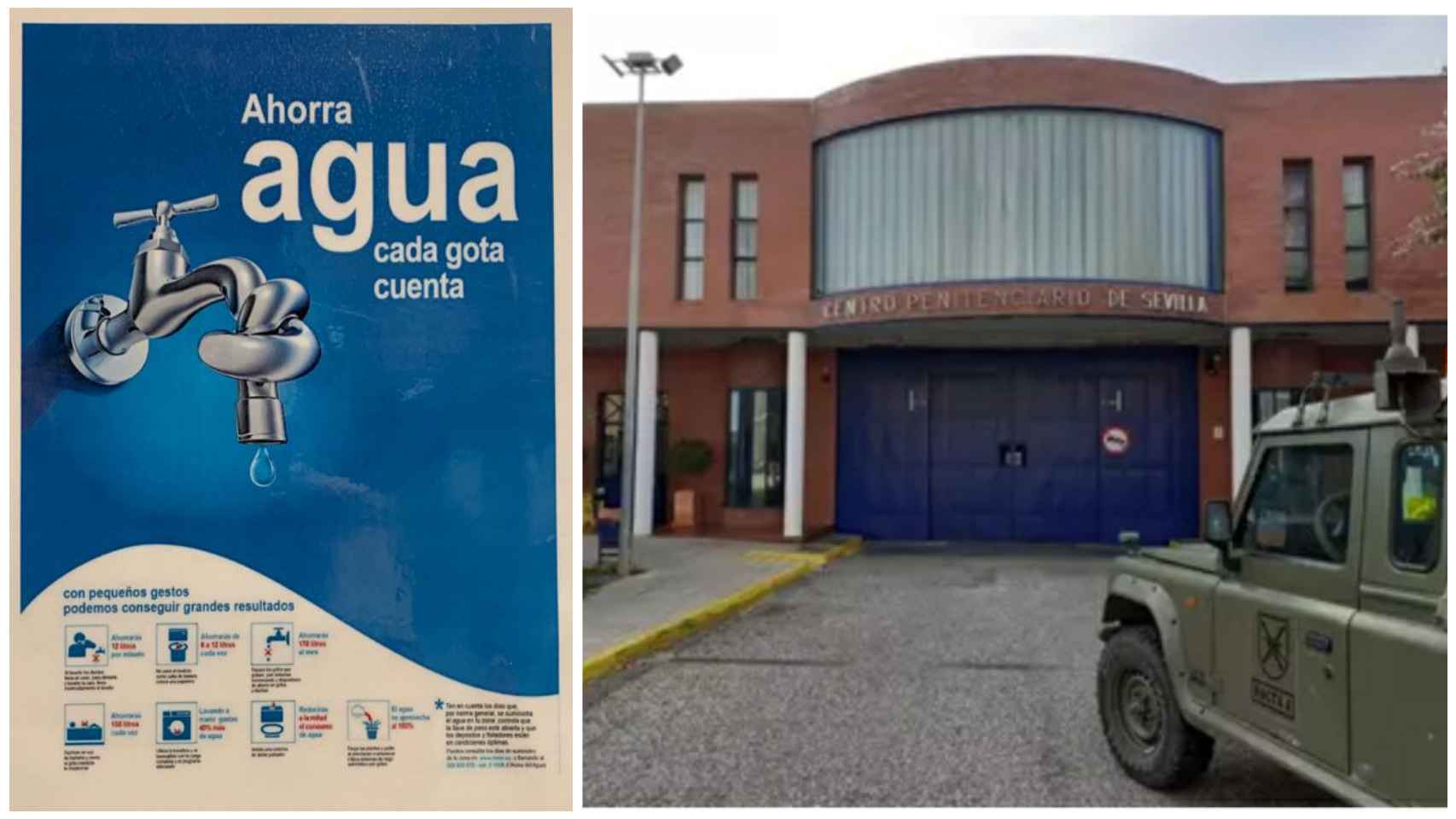 Prisiones cuelga carteles de "ahorra agua" mientras se le fugan 9.000 litros cada día en la piscina de Sevilla thumbnail