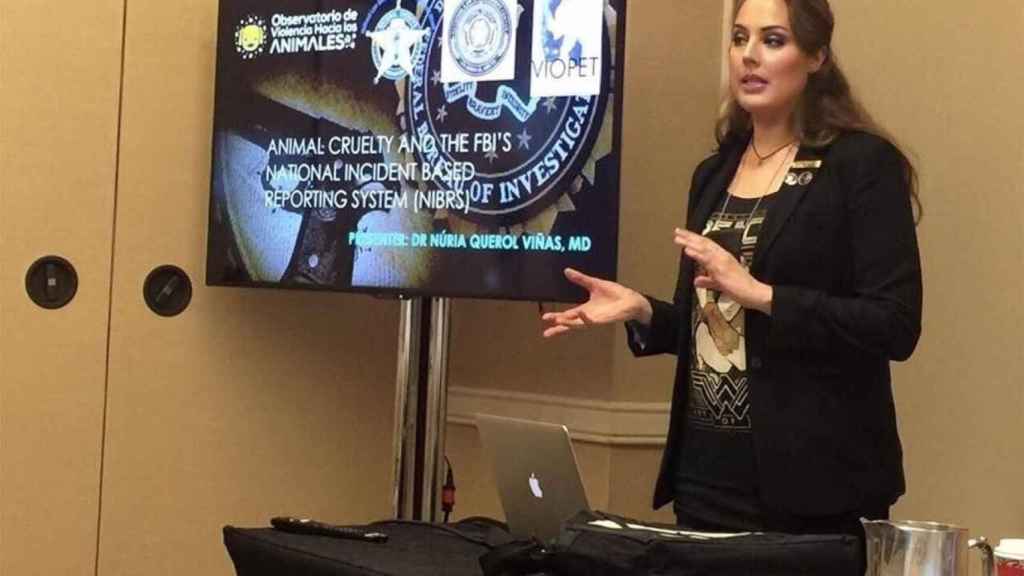 Núria during a talk in the United States on animal protection.