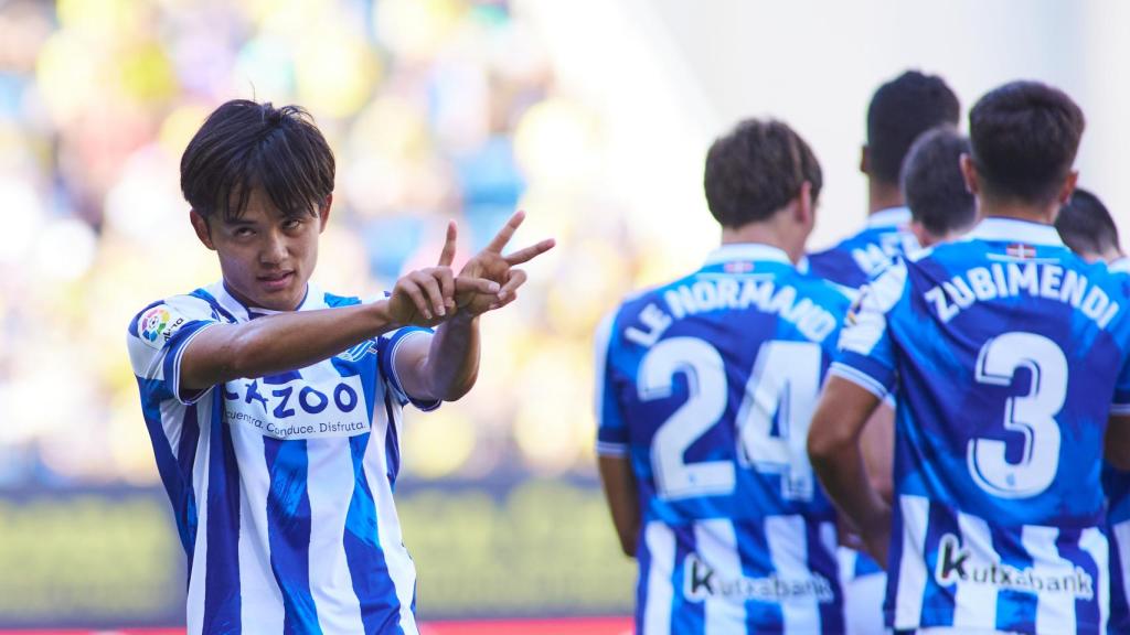 Takefusa Kubo celebrates his goal with Real Sociedad.