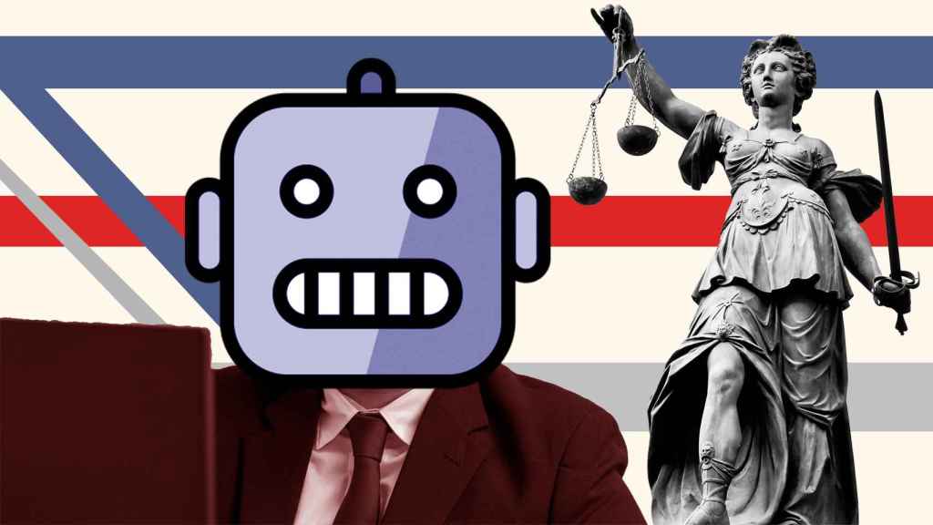 Fotomontaje con un abogado, un emoji de un robot y la estatua de la Libertad.