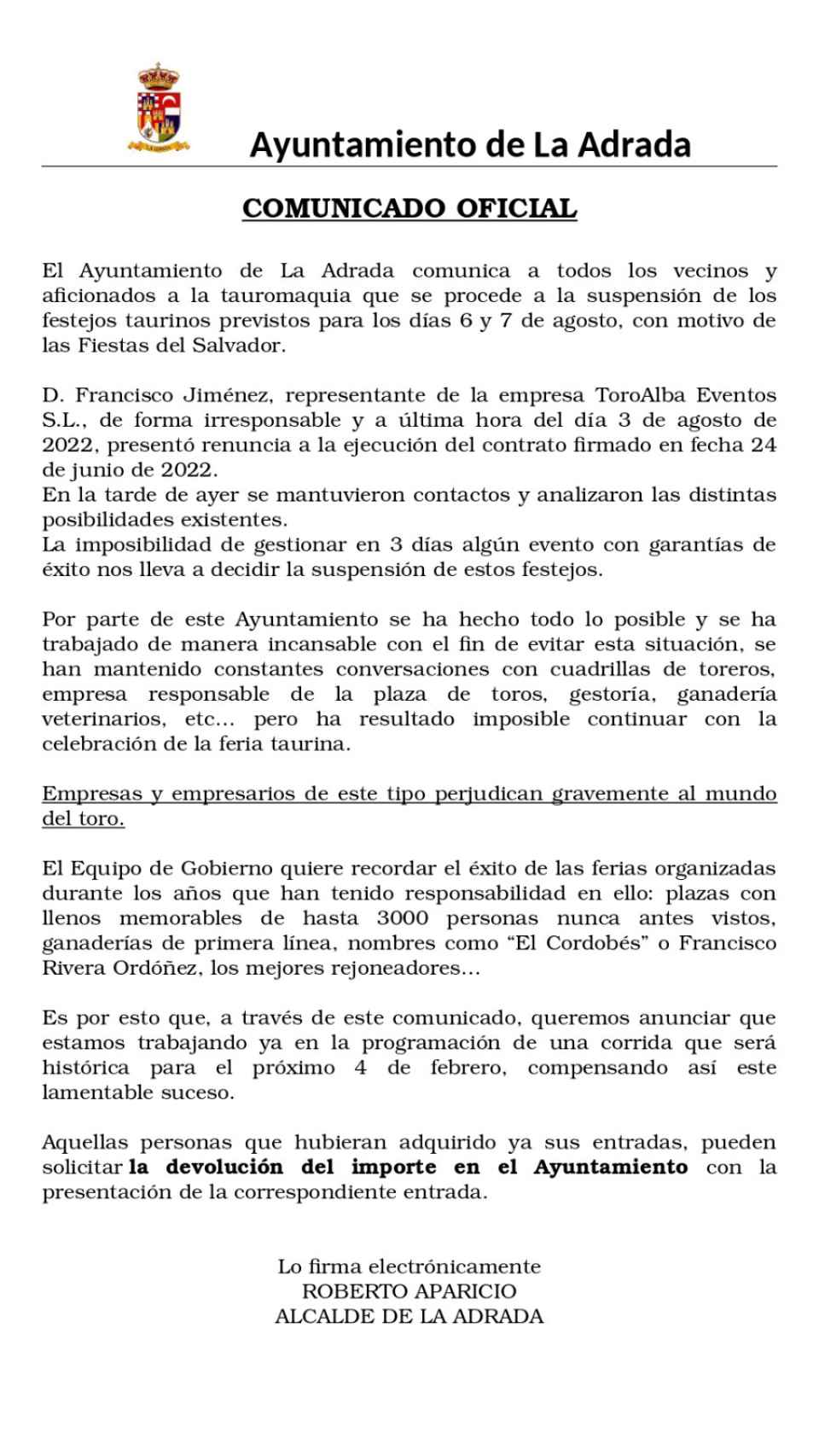 Comunicado del Ayuntamiento de La Adrada con respecto a los festejos taurinos