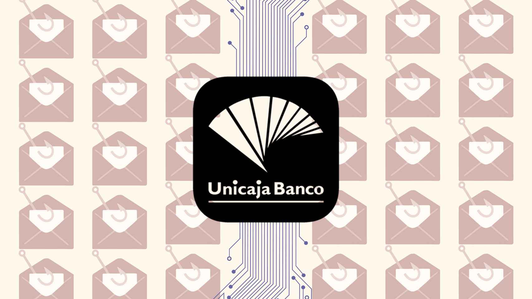 Fotomontaje con el logo de Unicaja y ilustraciones de phishing.