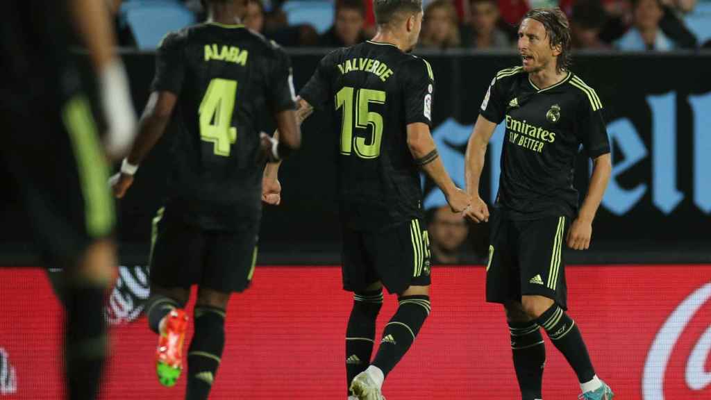 Luka Modric celebrates his goal against Celta with his Real Madrid teammates