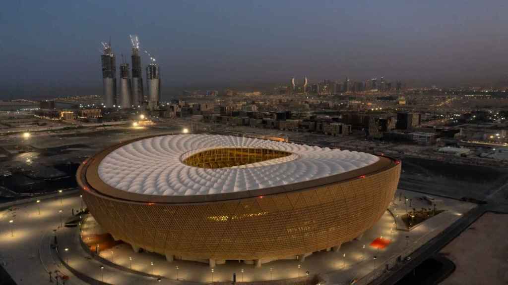 An exterior image of Lusail Stadium in Qatar, the scene of the 2022 World Cup final.