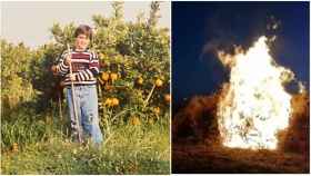 Luis, de pequeño, rodeado de naranjos junto a la imagen de los árboles ardiendo.