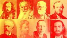 De izquierda a derecha, arriba, Dimitri Mendeléyev, León Tolstói, Iván Pávlov y  Fiódor Dostoyevski, Abajo, Piotr Ilich Chaikovski,  Sophia Kovalevskaya, Igor Stravinski y Gregori Perlmán