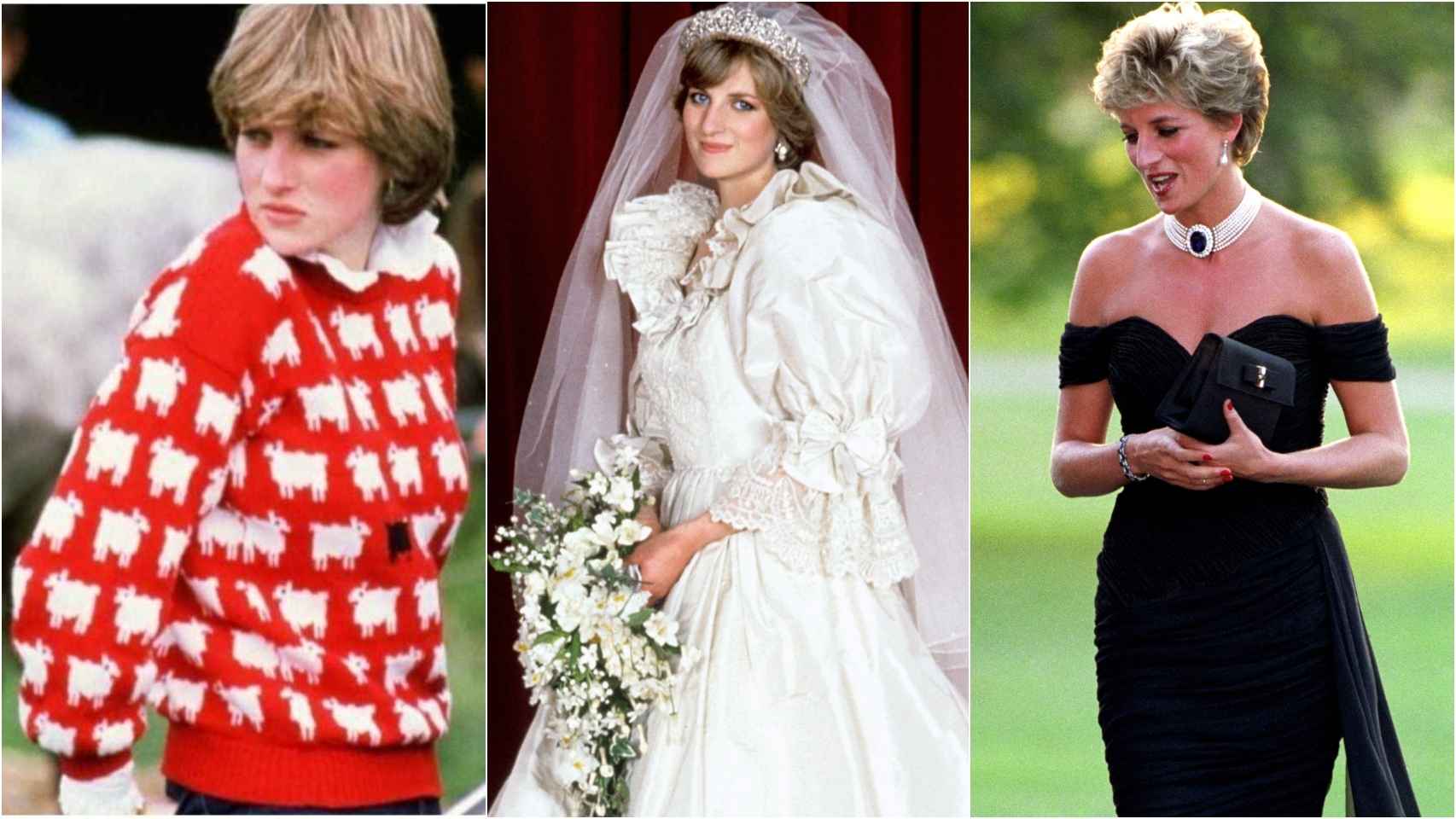 La princesa Diana de Gales en tres momentos de su vida con tres 'looks' icónicos.