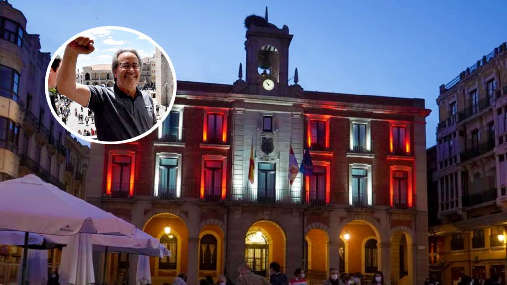 Montaje con la fachada del Ayuntamiento de Zamora, en rojo, y Guarido durante su toma de posesión en 2019