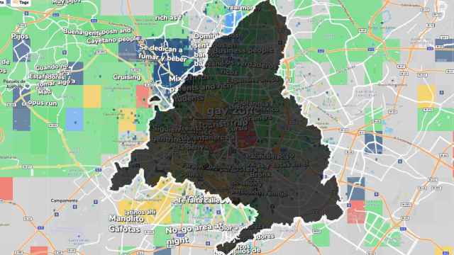 Fotomontaje con el mapa de Hoodmaps y la silueta de la Comunidad de Madrid.
