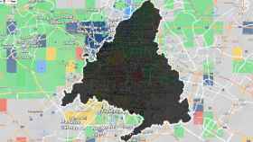 Fotomontaje con el mapa de Hoodmaps y la silueta de la Comunidad de Madrid.