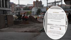 Imagen de las obras en la calle Panaderos y un cartel de vado cortado en la calle Loza.