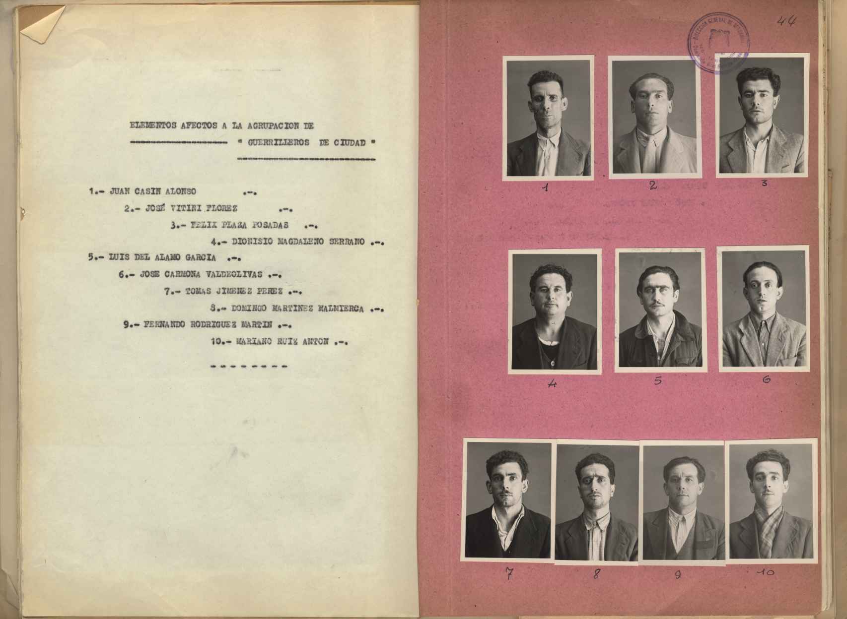 Los diez hombres que aparecían en la Información especial n.º 48, documento que Trapiello va a donar al Archivo Regional de la Comunidad de Madrid.