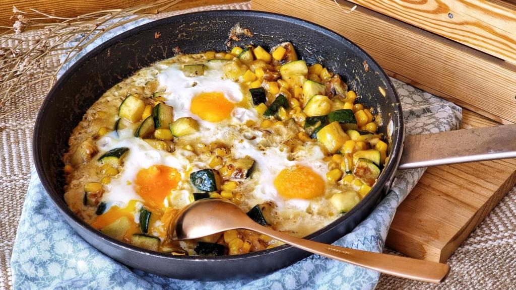 Huevos al plato con maíz y calabacín, receta sin horno para comer verduras