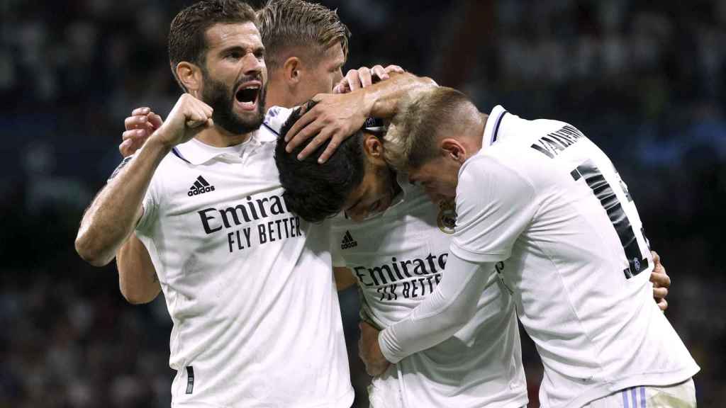El Real Madrid celebra el gol de Marco Asensio ante el RB Leipzig