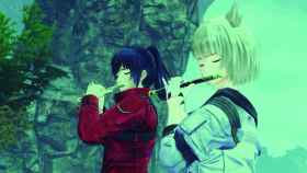 Noah y Mio oficiando los ritos con sus flautas 'shinobue'
