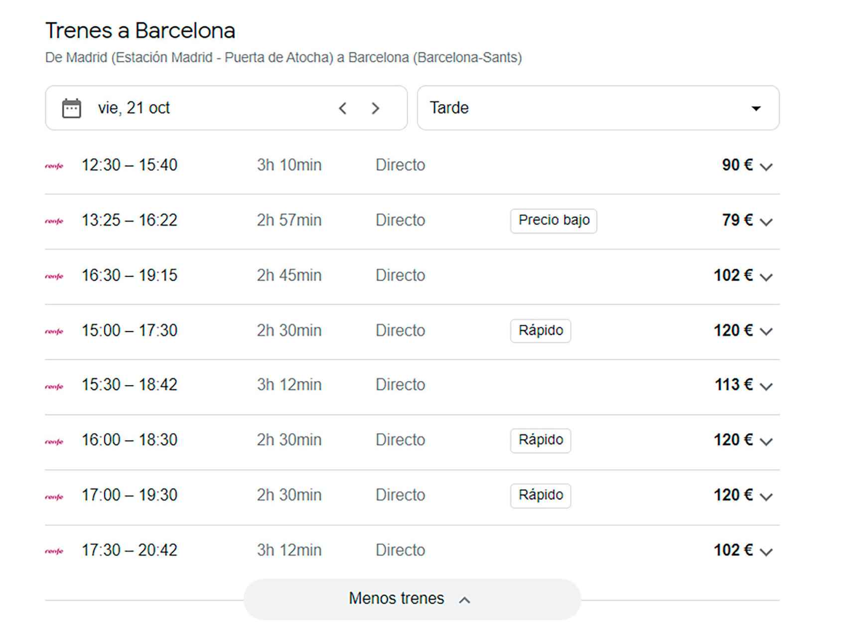 El módulo del buscador de Google con la lista de viajes disponibles en Renfe España