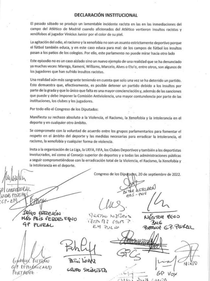 Declaración institucional del Congreso condenando los cánticos racistas a Vinicius