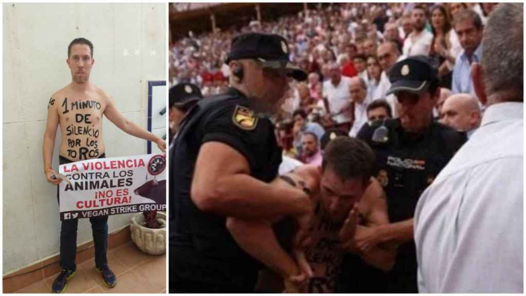 Peter Janssen, el holandés que vive de saltar al ruedo para protestar contra la tauromaquia, junto a una imagen de su detención en la plaza de toros de Murcia el martes 13 de septiembre.