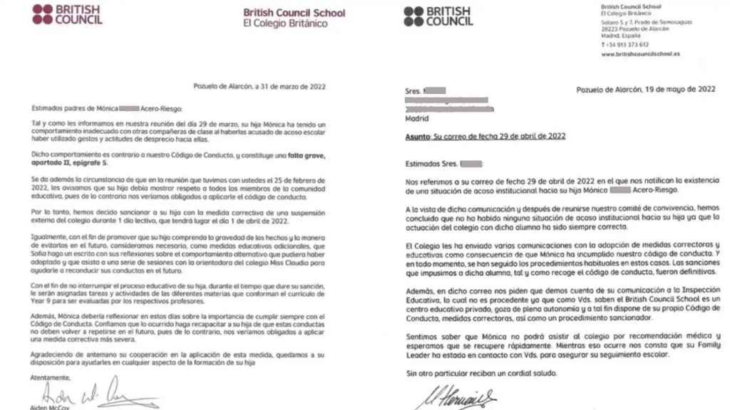 Cartas de expulsión de Mónica remitidas a la familia de Diana Acero-Riesgo por el colegio