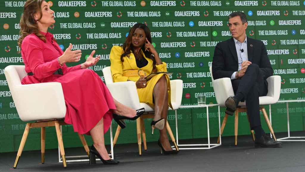 Melinda Gates, June Sarpong y Pedro Sánchez, en el debate 'Goalkeepers' 2022, en Nueva York.