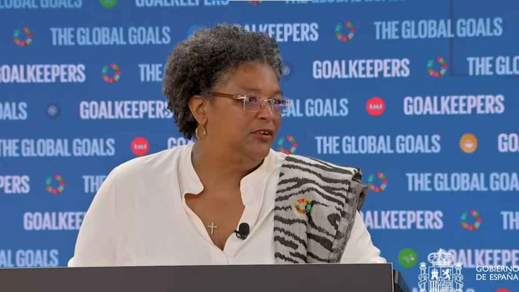 Mia Mottley, primera ministra de Barbados, en el 'Goalkeepers' 2022.