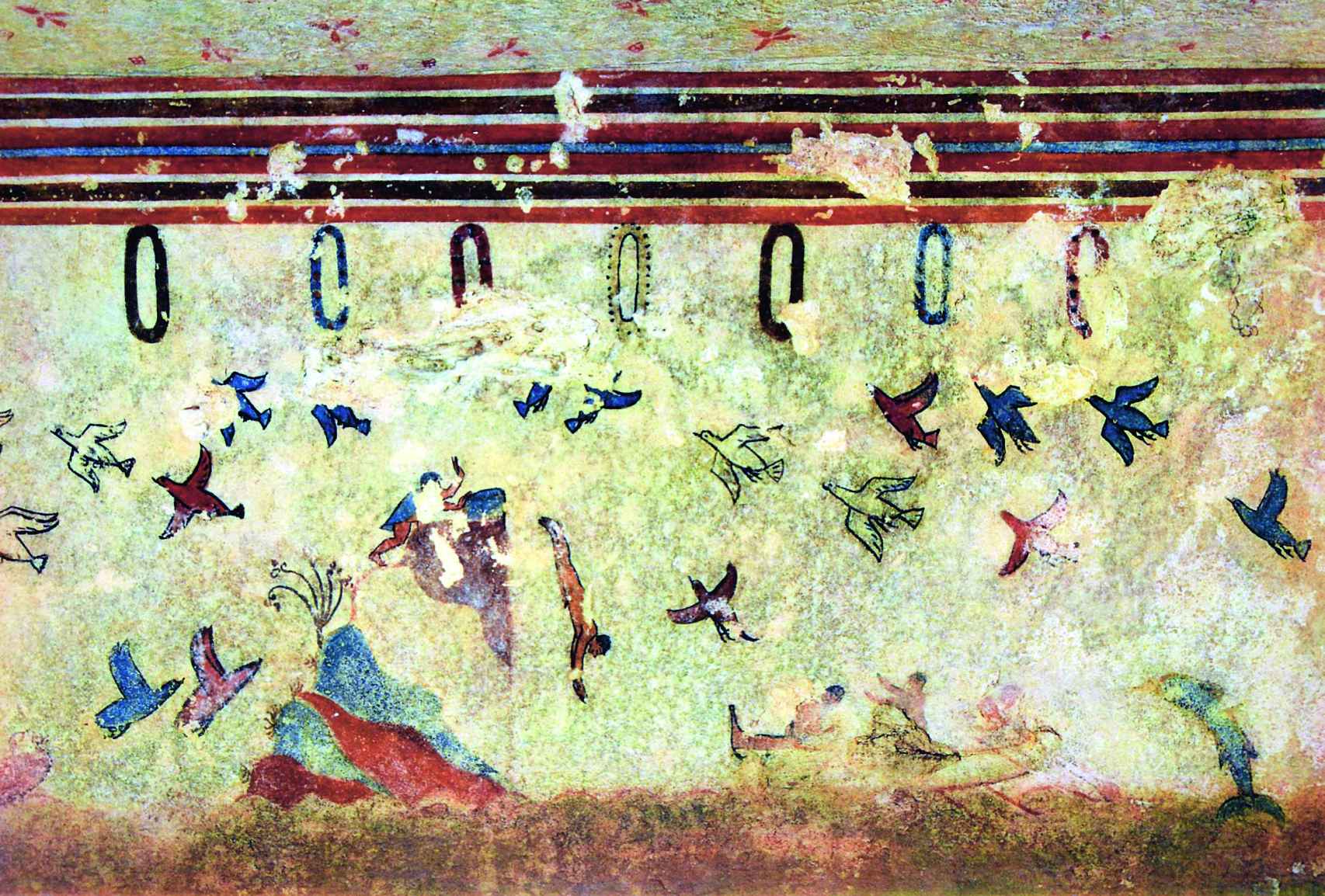 Jóvenes y efebos en la costa lanzándose de cabeza al mar. Tarquinia, tumba de la caza y la pesca. Hacia 520-510 a.C.
