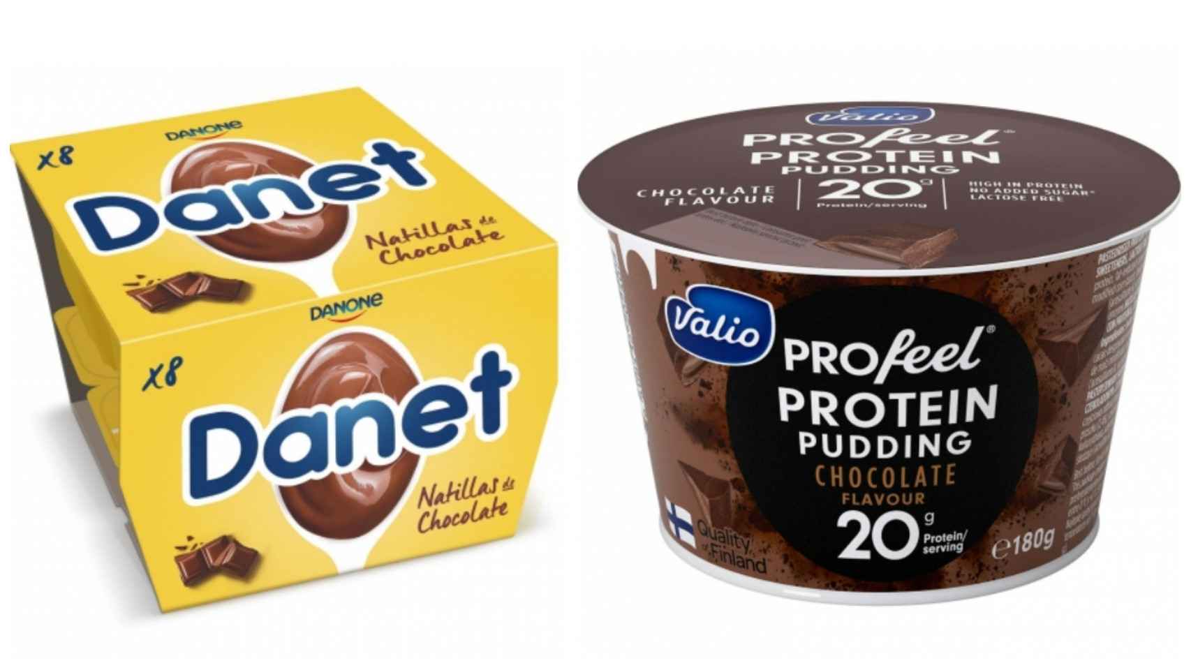Unas natillas de chocolate vendidas en Carrefour, frente a su competidora con extra de proteínas.