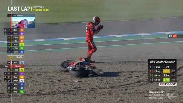 Imagen de la caída de Pecco Bagnaia en la última vuelta del Gran Premio de Japón, en el Twin Ring Motegi.