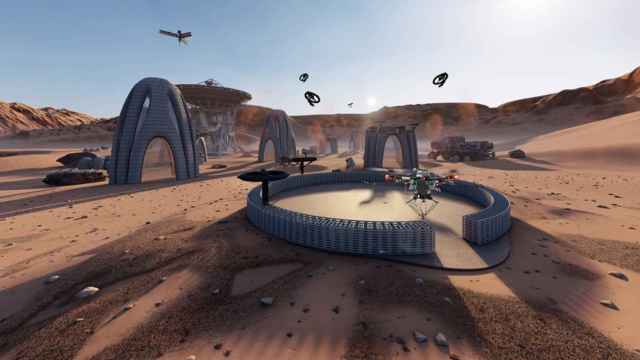 Ilustración de drones construyendo edificios en Marte