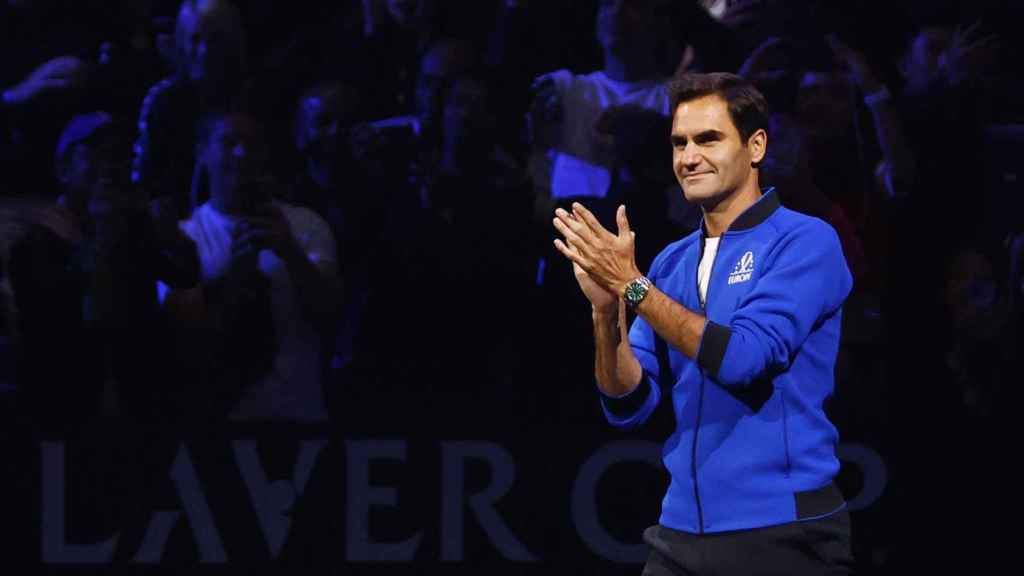 Roger Federer, durante su despedida del tenis profesional