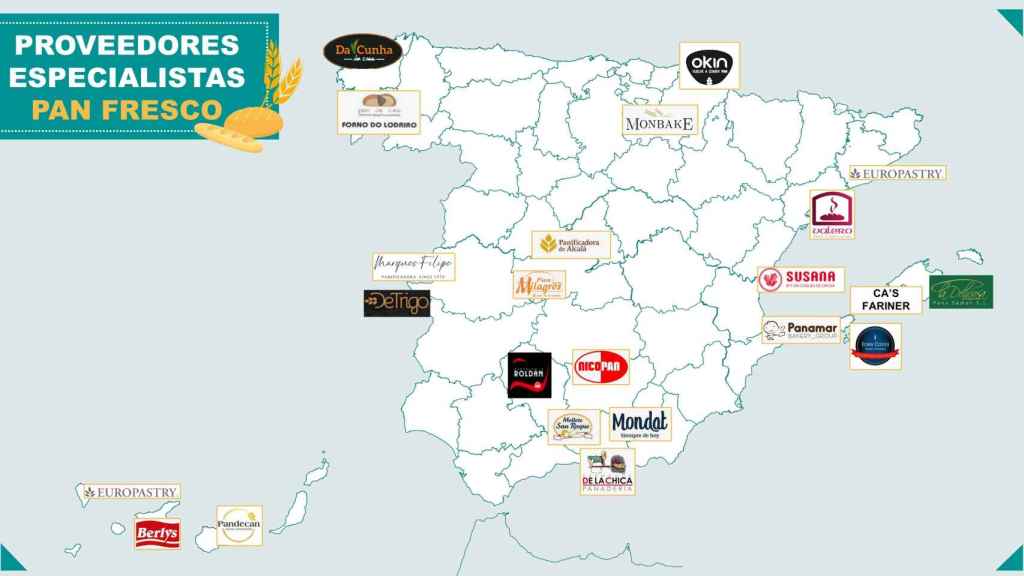 El mapa con los 22 proveedores de pan de Mercadona.