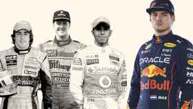 Max Verstappen en un foto montaje con Fernando Alonso, Michael Schumacher y Lewis Hamilton