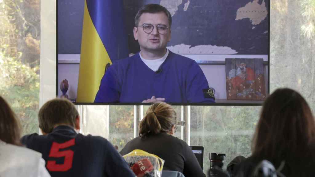 Ukrainian Foreign Minister Dmitro Kuleba speaks via videoconference at the Latoha Forum in Kyiv.