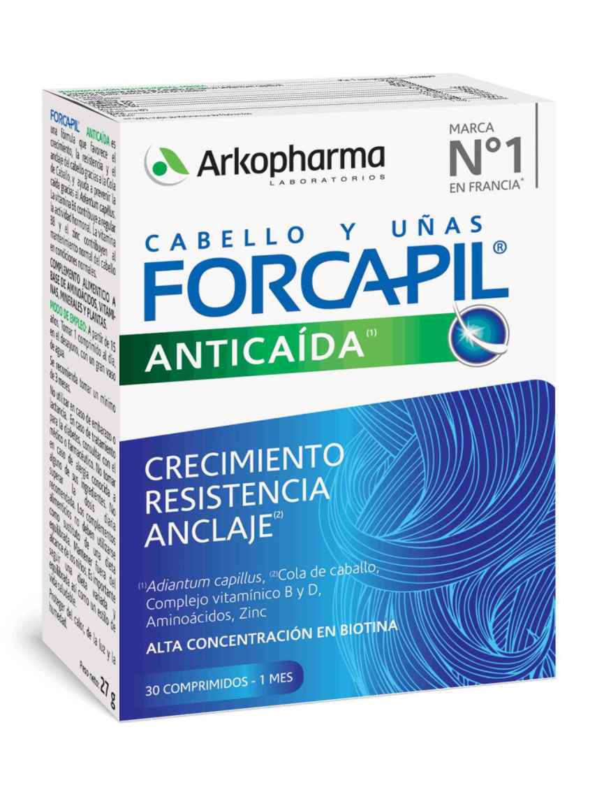Forcapil® Anticaída es un complemento alimenticio que favorece la fuerza, el crecimiento, la resistencia y la densidad del cabello. PVP: 29,90€ - De Arkopharma.