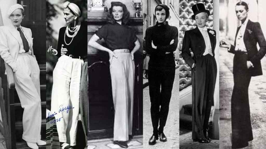 Marlene Dietrich, Coco Chanel, Katherine y Audrey Hepburn; Marlene en frac, y el esmoquin de Yves Saint Laurent, iconos de la lucha por el pantalón.