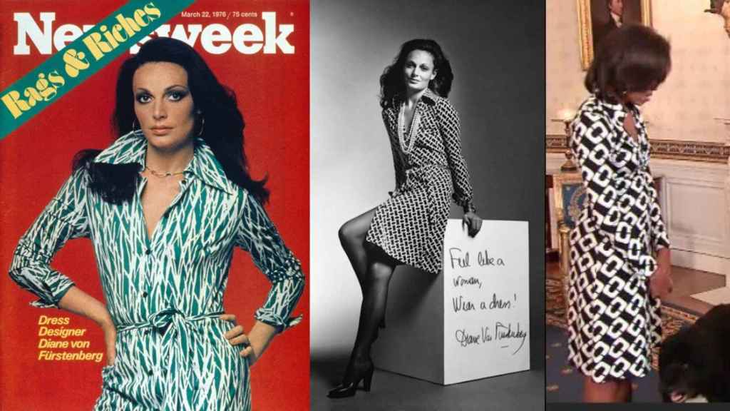 Diane Von Furstenberg, en la portada de Newsweek; luciendo uno de sus 'wrap dress' y Michelle Obama con otro modelo del mismo vestido..