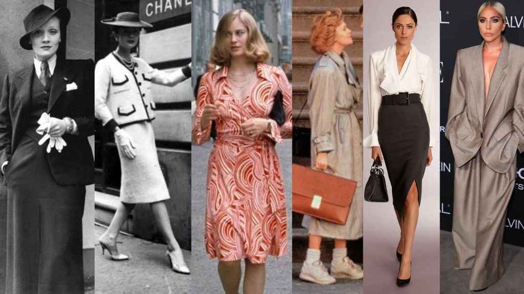 Marlene Dietrich; traje 'cuatro bolsillos' de Chanel; Cybill Shepherd en 'Taxi Driver'; Melanie Griffith en 'Armas de Mujer'; modelo de Donna Karan y Lady Gaga, con traje de chaqueta 'oversize' de Marc Jacobs..