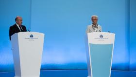 Luis de Guindos, vicepresidente del BCE, junto a Christine Lagarde, presidenta del supervisor, durante la rueda de prensa posterior a la subida de tipos del pasado 8 de septiembre.