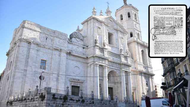 Imagen de la Catedral de Valladolid y en el recuadro una de las cartillas de la doctrina cristiana.